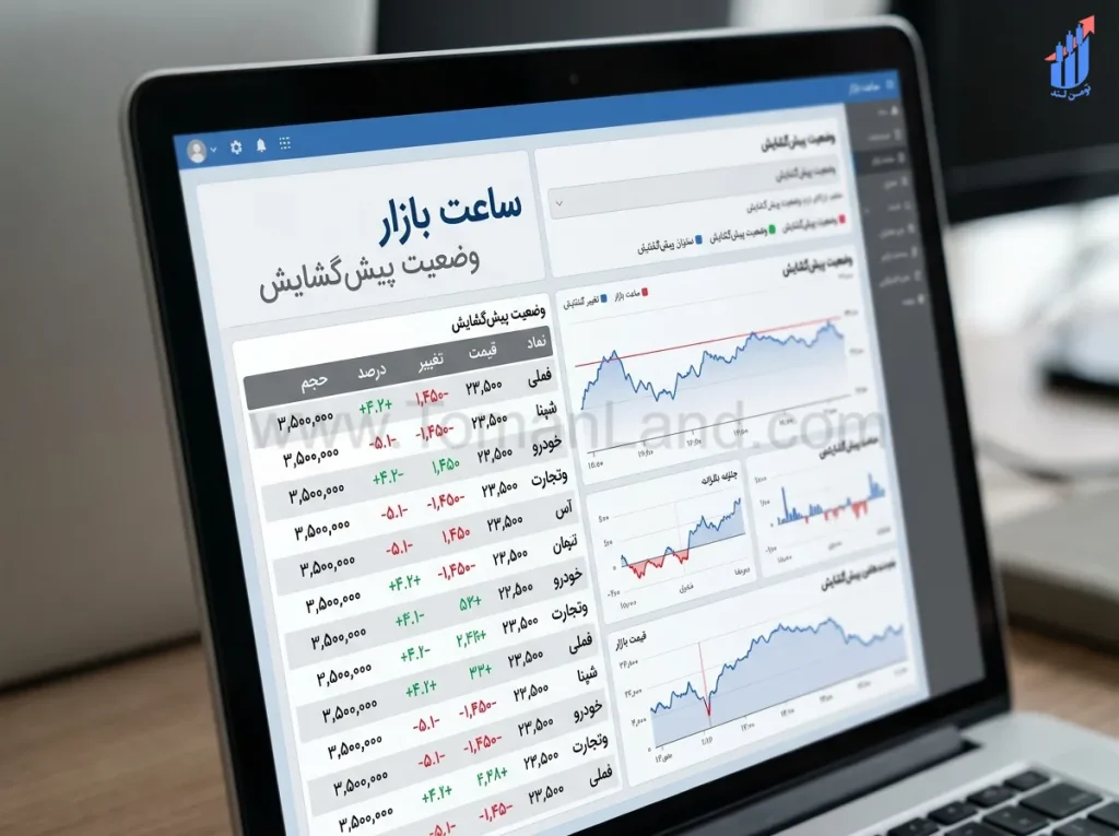 صفحه نمایش ساعت بازار و پنل رصد نمادها